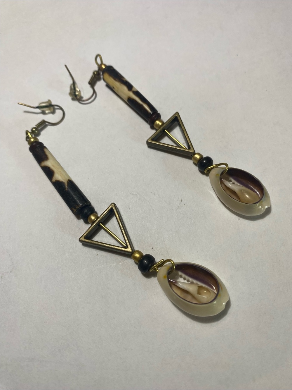 Handcrafted Bohemian Brown and Cream Drop Earrings — Geometric Shell Accent